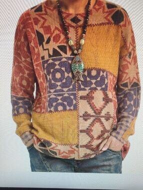 Patchwork Pattern Crewneck Sweater - Togputel Boho